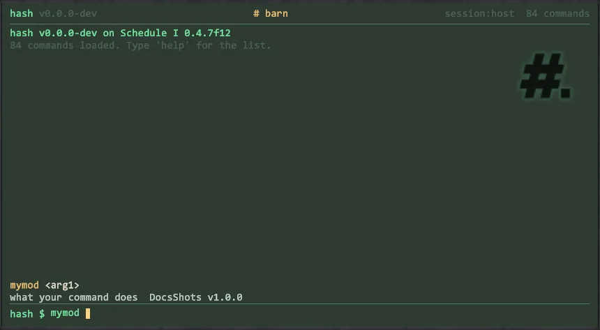 The Hash terminal on the phone with mymod typed at the prompt, its argument shape and its description from DocsShots above it