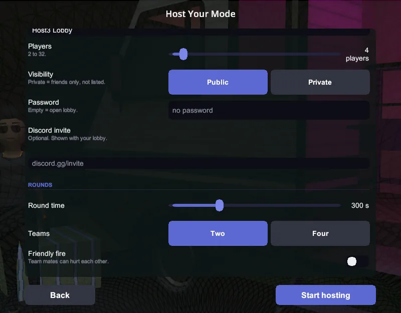 The full Host form with a Rounds section: a Round time slider at 300 s, a Two/Four Teams choice and a Friendly fire toggle with its hint