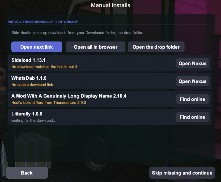 The Manual installs checklist: one row per mod with its version, the reason it needs a manual install, and an Open Nexus or Find online button