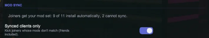 The Mod sync note on the host form: "Joiners get your mod set: 9 of 11 install automatically, 2 cannot sync."